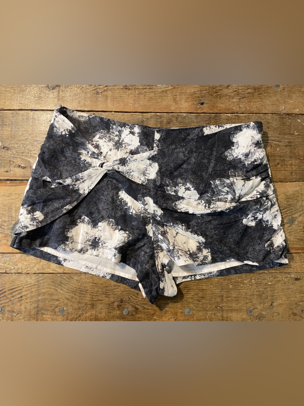 Free People Black and Cream Tie-Dye Ruffled Waist Shorts
